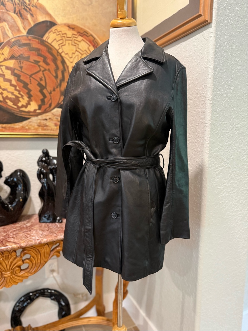 Vintage Italy Lamb Black Leather Belted Jacket